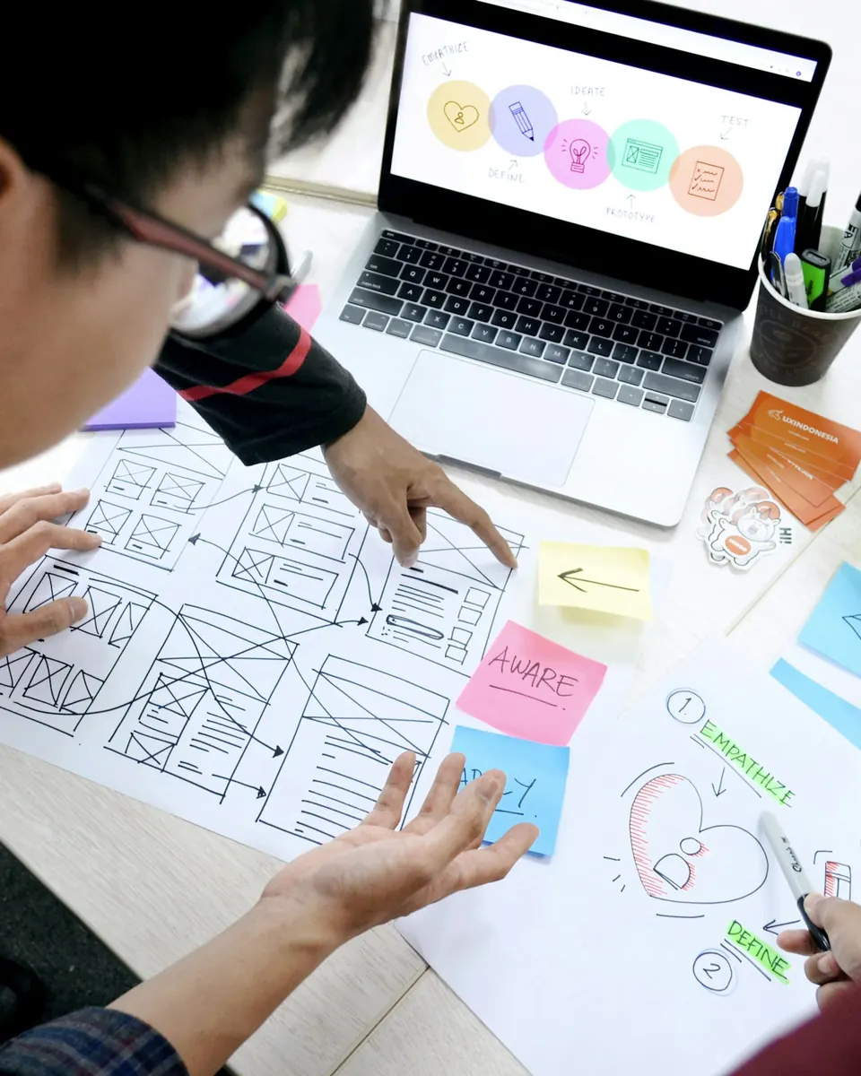 Team bespricht Wireframes und Seitenstruktur an einem Schreibtisch